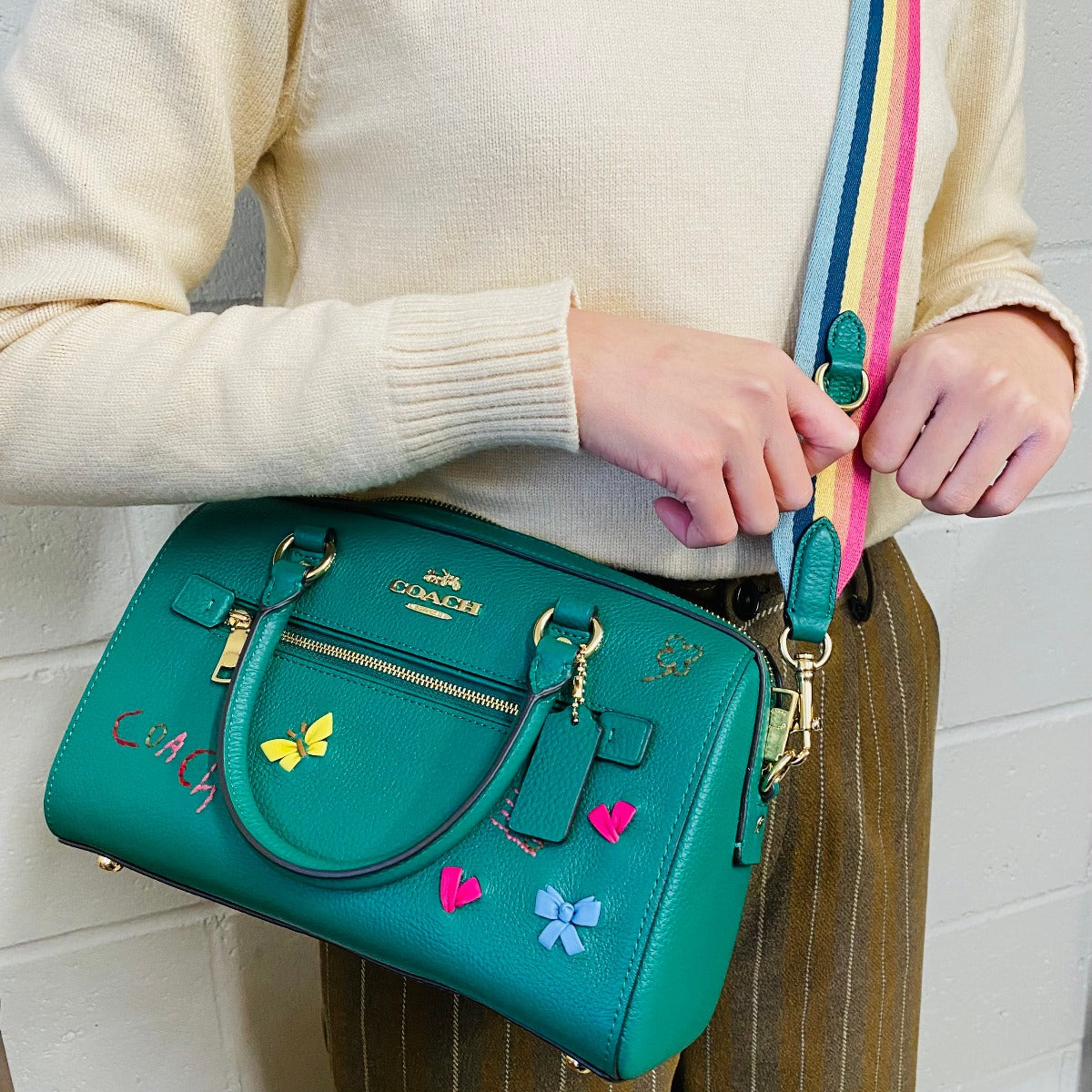 Coach C8280 Rowan Satchel With Diary Embroidery In Green Multi Coach C8280 Rowan Satchel With Diary Embroidery In Green Multi